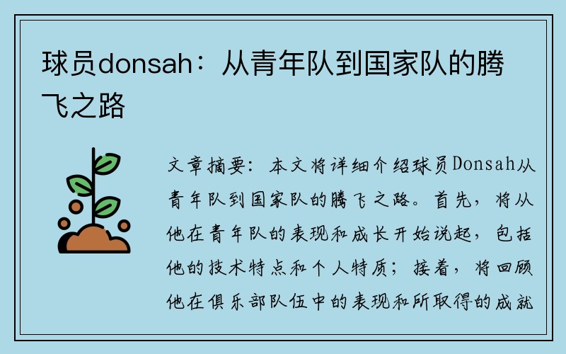 球员donsah:从青年队到国家队的腾飞之路