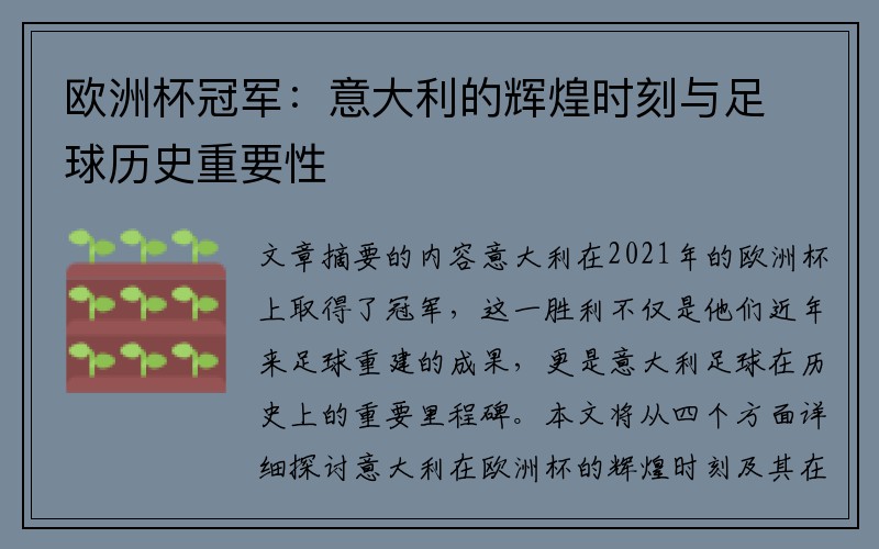 欧洲杯冠军:意大利的辉煌时刻与足球历史重要性