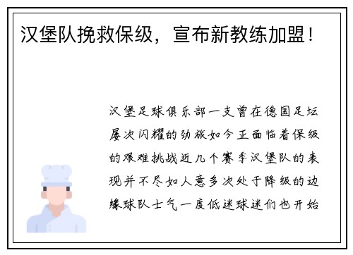 汉堡队挽救保级，宣布新教练加盟！