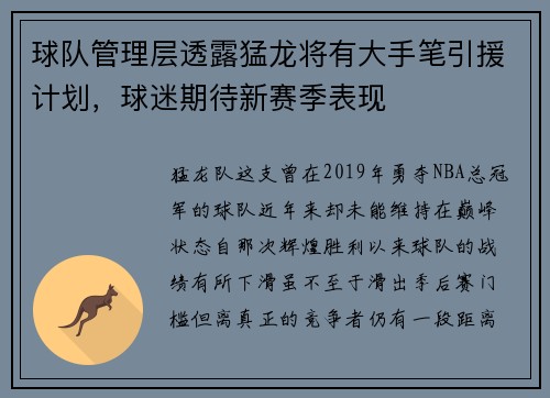 球队管理层透露猛龙将有大手笔引援计划，球迷期待新赛季表现